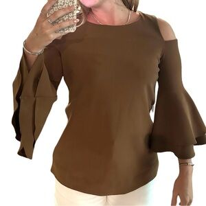 Cold shoulder, flare, arm, brown, full length blouse